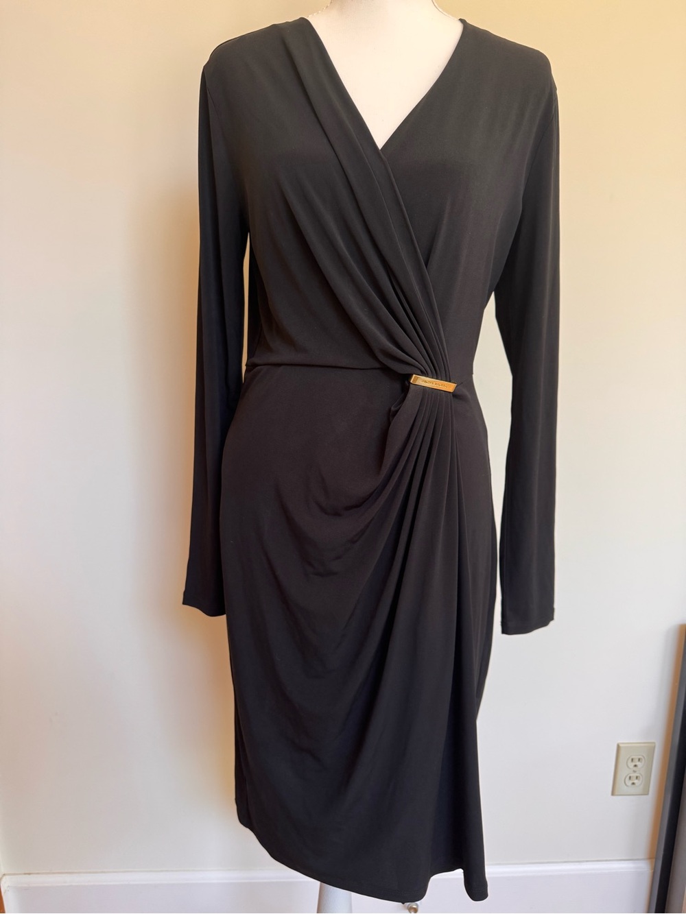 MICHAEL Michael Kors Black Long-Sleeve Draped Wrap Dress with Gold Accent